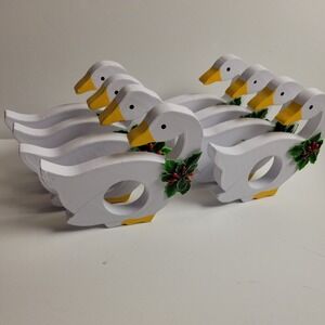Vera Neumann Vintage Napkin Rings Set of 8 White Christmas Goose Wood Cottage